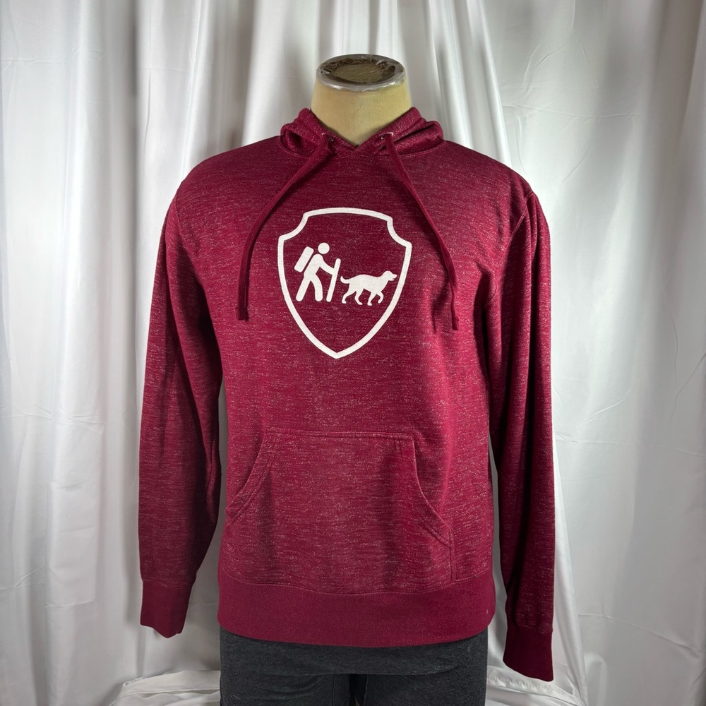 Maroon Hooded Pullover with Custom Dog Hiker Logo Men’s sized Medium